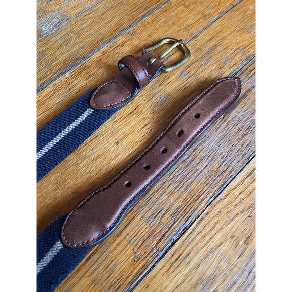 BARRONS-HUNTER Navy/Tan Stripe Stretch Belt w/Leather Tabs Mens sz 38 - Picture 5 of 12
